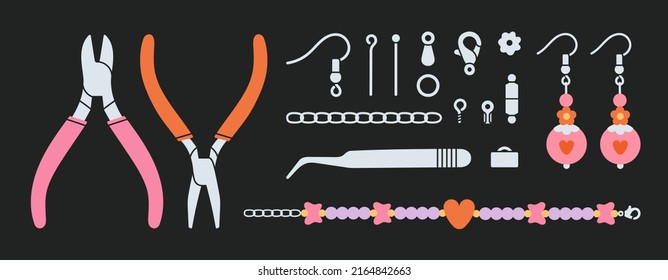 Big set with equipment for beading and jewelry making. Instruments, silver spare parts, bracelet and earrings.
Beading, handmade, fashion. 
Hand drawn vector illustration isolated on black background.