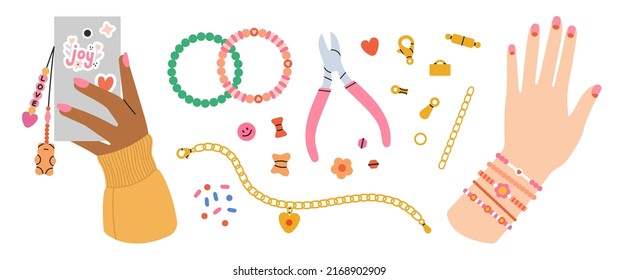 Big set and equipment for beading   jewelry making  Instruments  golden spare parts  bracelets  necklace  Manicured hands and phone etc 
Beading  handmade  fashion  
Hand drawn vector illustration