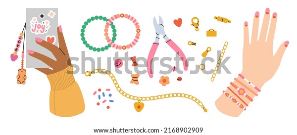 Big set with equipment for beading and\
jewelry making. Instruments, golden spare parts, bracelets,\
necklace. Manicured hands with phone etc.\
Beading, handmade,\
fashion. \
Hand drawn vector\
illustration