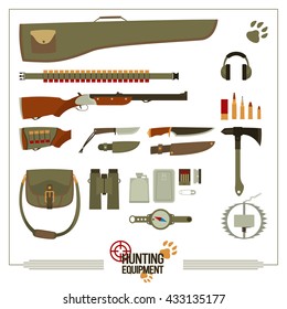 Big set of equipment for the hunter. On a white background with frame and inscription.