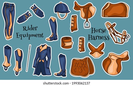 Big set of equipment for the rider and ammunition for the horse illustration in cartoon. Saddle, blanket, whip, clothing, saddle cloth, protection. Collection for design and decoration.
