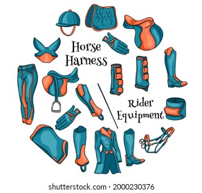 Big set of equipment for the rider and ammunition for the horse illustration in cartoon. Saddle, blanket, whip, clothing, saddle cloth, protection. Collection for design and decoration.