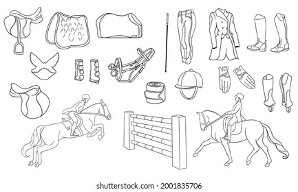 Big set of equipment for the rider and ammunition for the horse rider on horse illustration in line style coloring books. Saddle, blanket, whip, clothing, saddle cloth, protection.