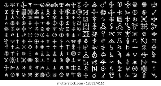 Big set of esoteric symbol and alphabet on the theme of mysticism and magic. Inspired by super natural religion and the occultism. Medieval Masonic imaginary manuscript with letters sketches. Vector. 