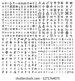 Big set of esoteric symbol design elements. Imaginary handwritten alchemy signs, space, spirituality, inspired by mysticism, freemasonry, astrology. Vector .