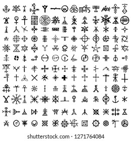 Big set of esoteric symbol design elements. Imaginary handwritten alchemy signs, space, spirituality, inspired by mysticism, freemasonry, astrology. Vector .