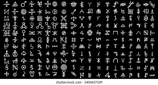 Big set of esoteric symbol design elements. Imaginary handwritten alchemy signs, space, spirituality, inspired by mysticism, freemasonry, astrology. Vector .