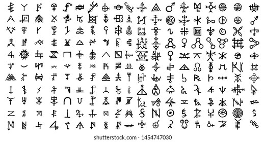 Big set of esoteric symbol design elements. Imaginary handwritten alchemy signs, space, spirituality, inspired by mysticism, freemasonry, astrology. Vector .