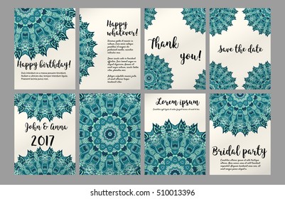 Big set of ethnic card templates. Mandala design for wedding invitation, flyer, ticked and postcards. Zendoodle mandala art for your business. Poster collection with tribal ornament