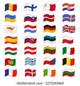 Big Set with European Flags Made as Canvas, Isolated on the White Background. Flags with Fabric Texture and Decorated with Stitches. Vector EPS 10.