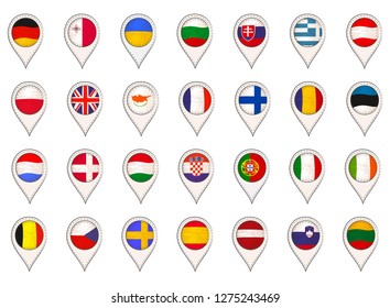 Big Set with European Flags Made as Map Pointers, Isolated on the White Background. Flags with Fabric Texture and Decorated with Stitches. Vector EPS 10.