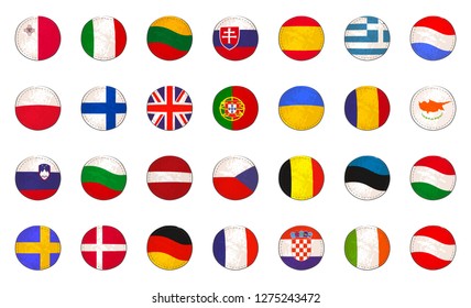 Big Set with European Flags Made as Round Badges, Isolated on the White Background. Flags with Fabric Texture and Decorated with Stitches. Vector EPS 10.