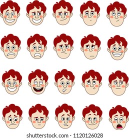big set of faces with emotions young guy