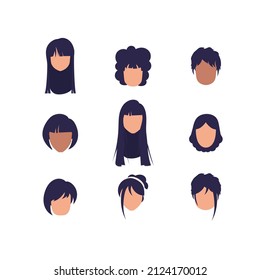 Gran conjunto de rostros de chicas con diferentes estilos de cabello y diferentes nacionalidades. Aislado sobre fondo blanco. Vector.