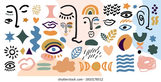 Gran conjunto con caras, labios, narices, cejas dibujadas a mano en una línea con cacerolas de corte abstracto, formas a la moda. Elementos para publicidad, medios sociales, salón de belleza. Ilustración vectorial plana.