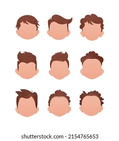 Big Set of Faces of little boys with different hairstyles. Isolated. Vector.