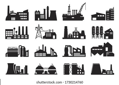 Big set of factory, plant constructions black silhouette icons isolated on white. Industrial buildings pictograms collection, logos. Power, boiler stations, crane vector elements for infographic, web.