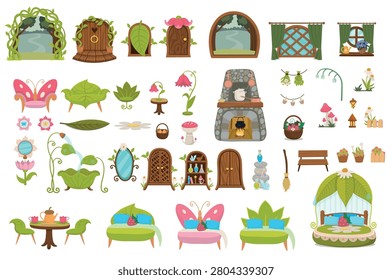 Big set of fairy house elements including doors, windows, furniture and magical decor isolated on white background.