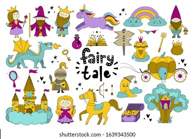 Big set with fairy tale objects collection. Hand drawn doodle illustration with unicorn, king, queen, prinncess, magic book, dragon, castle, carriage, knight etc.