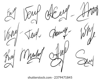 Big set with fake handwritten autograph. Vector illustration