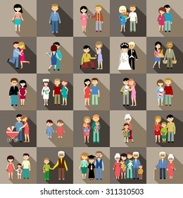 The big set of family life in style flat design. Parents, children, grandmothers and grandfathers. Vector illustration