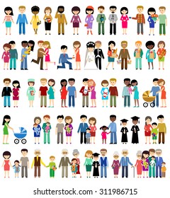 Big set of family life in style flat design on a white background. Parents, children, grandmothers and grandfathers. Vector illustration