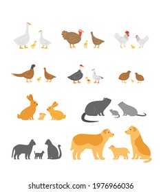 big set of farm animals. birds, rodents and pets. goose, chicken, turkey, pheasant, duck, rabbit, nutria, cat, dog. flat style