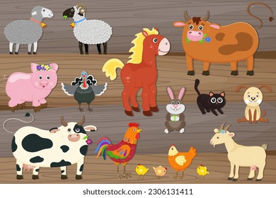 Gran conjunto de animales de granja. Recolección de animales graciosos. Pequeños animales domésticos al estilo de las caricaturas. cerdo, gallo, gallina, pollo amarillo, caballo, vaca, conejo, oveja, pavo, gato, cabra. Ilustración del vector