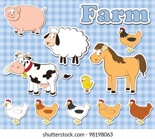 big set of farm animals on a checkered background. vector illustration.