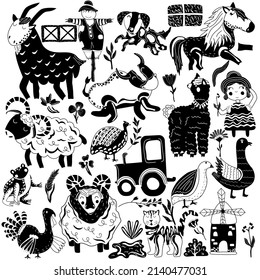 Big set of farm with animals. Pets, cat, dog, pony, bull, goat, duck, turkey and farm truck, windmill, scarecrow and other. Cute black and white farm animals for your design. Boho animals. Vector