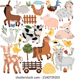 Big set of farm with animals. Pets, goat, donkey, pig, cow, chicken, wheelbarrow, hay, flowers and more. Cute farm animals for your design. Boho style animals. Vector illustration