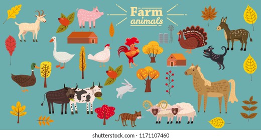 Big set of farm animals, pig, rabbit, cow, bull, cat, dog, goose, duck, turkey, donkey, goat, sheep, ram, modern stylized trees and leaves, autumn, vector, illustration, isolated