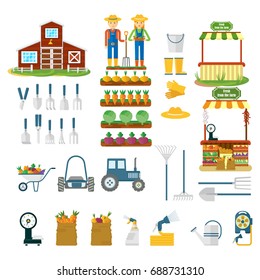 Big set of farm icons. Flat vector cartoon illustration. Objects isolated on a white background.