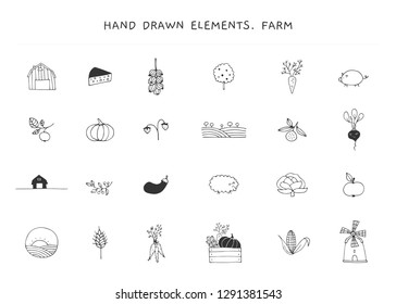 Big set of farm logo elements. Farm and organic food theme. Isolated symbols for business branding and identity, for farmers markets, berry farms, fairs, and grocery stores.