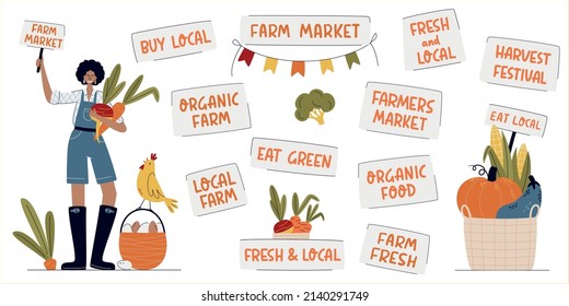 Big set of Farmers Market hand drawn lettering labels, stickers with farmer girl and basket of vegetables. For ads, signboards, packaging and web designs. Farm market, fresh and local, organic farm