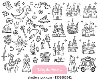 Big set of a fashion fairy tale and magic objects isolated on white background. Cute doodle illustration in cartoon style for stickers, badges, coloring page or indie game - Vector