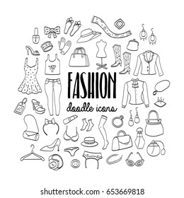 Big Set Of Fashion Hand Drawn Doodle Icons. Female Clothing And Accessories.