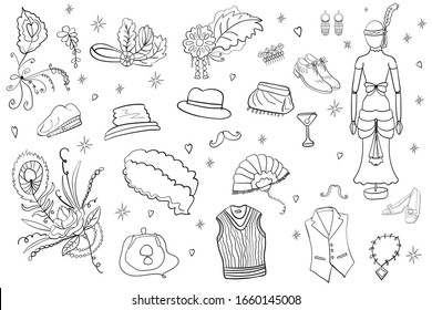 Big set Fashion and Style 20s-30s, The Great Gatsby, isolated elements. Coloring page adult and kids, woman coloring book. Black and white.