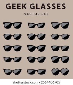 Big set of fashionable black sunglasses on Color background. Black glasses isolated with shadow for your design. Vector illustration.