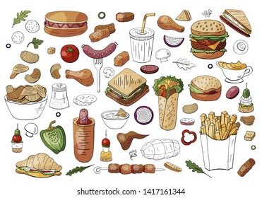 Big set of fast food color elements: sandwiches, burgers, snacks isolated on white background. For cafe and restarauts menu.