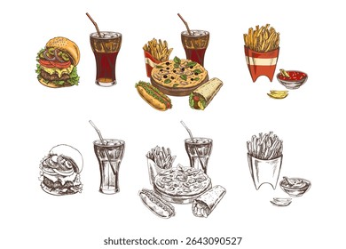 Big set of fast food illustrations with both colorful and monochrome versions. Includes burger, soda with ice, French fries, pizza, hotdog, wrap and dipping sauce. Hand drawn sketch style