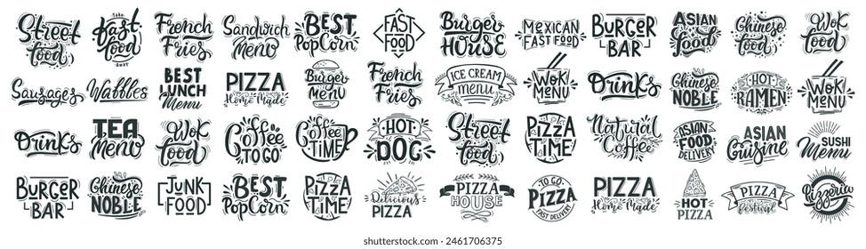 Big set fast food lettering. Hand drawn labels for bars, cafes selling pizza, ramen, waffle, popcorn, burgers and sausages. Coffee and tea menu. Tasty snacks for delivery isolated vector set