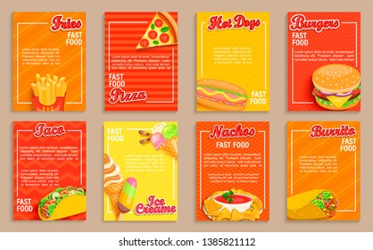 Big set of fast food shop flyers,banners.Collection of fries, pizza, hot dog,burger, nachos,burrito,tamales, taco and ice cream menu pages for cafeteris,restaurant.Posters for truck advertise.