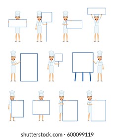 Big set of female cook characters posing with different blank banners. Cheerful chef holding paper, poster, placard, pointing to whiteboard. Teach, advertise, promote. Simple vector illustration
