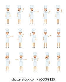Big set of female cook characters showing different hand gestures. Cheerful chef showing thumb up, pointing, greeting, victory, stop sign and other hand gestures. Simple vector illustration