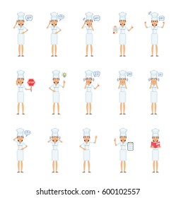 Big set of female cook characters showing different actions, gestures, emotions. Cheerful chef talking on phone, holding stop sign, document, book and doing other actions. Simple vector illustration