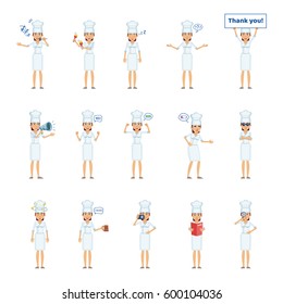 Big set of female cook characters showing different actions, gestures, emotions. Cheerful chef singing, sleeping, holding loudspeaker, banner, menu and doing other actions. Simple vector illustration