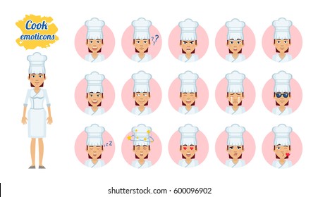 Big Set Of Female Cook Emoticons. Chef Emojis Showing Different Facial Expressions. Happy, Sad, Smile, Laugh, Surprised, Cry, Angry, In Love, Kiss And Other Emotions. Simple Vector Illustration