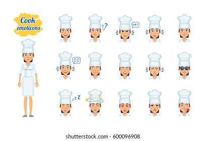 Big Set Of Female Cook Emoticons. Chef Emojis Showing Different Facial Expressions. Happy, Sad, Smile, Laugh, Surprised, Cry, Angry, In Love, Kiss And Other Emotions. Simple Vector Illustration