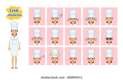 Big Set Of Female Cook Emoticons. Chef Emojis Showing Different Facial Expressions. Happy, Sad, Smile, Laugh, Surprised, Cry, Angry, In Love, Kiss And Other Emotions. Simple Vector Illustration